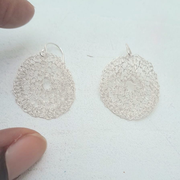 Crochet Sterling Silver Shield Earrings by Elizabeth Stewart Designs - Image 5