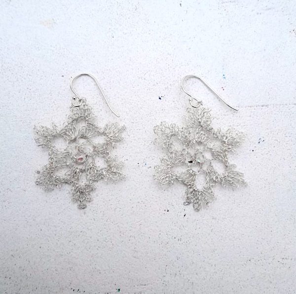 Crochet Sterling Silver Snow Flake Earrings by Elizabeth Stewart Designs - Image 2