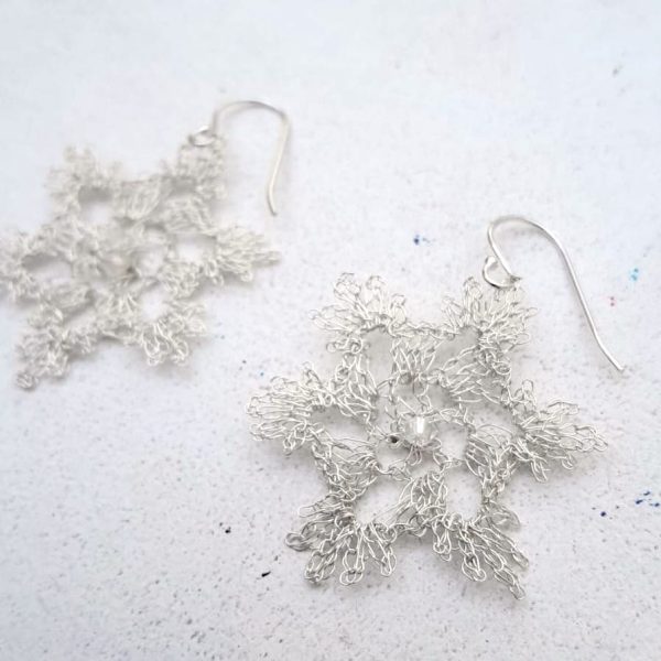 Crochet Sterling Silver Snow Flake Earrings by Elizabeth Stewart Designs - Image 3