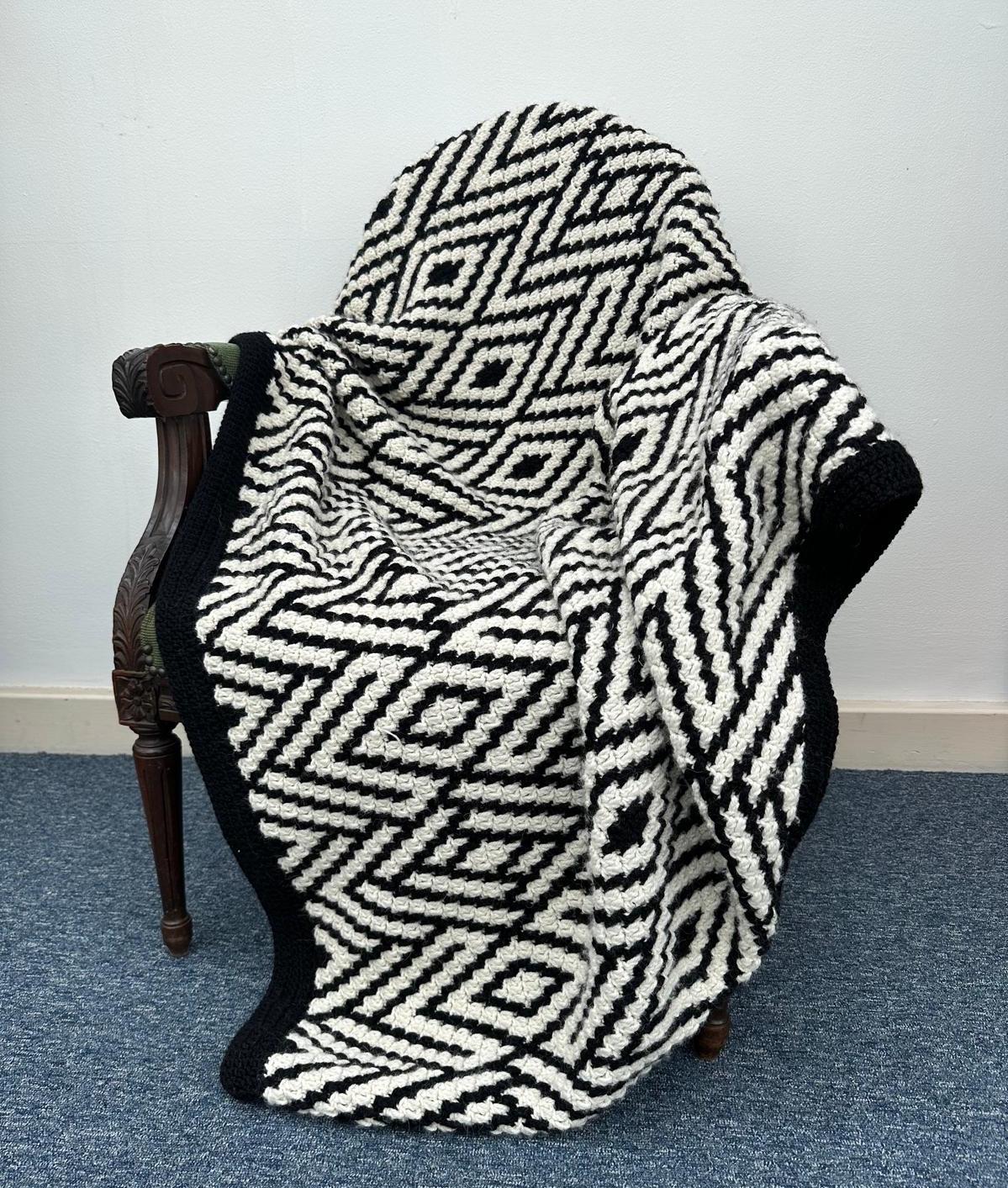 Geometric Lines hand crocheted woolen blanket by Elizabeth Stewart designs at Amanartis