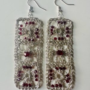 Crochet Sterling Silver Nostalgic Granny Square and Crystal Earrings by Elizabeth Stewart Designs