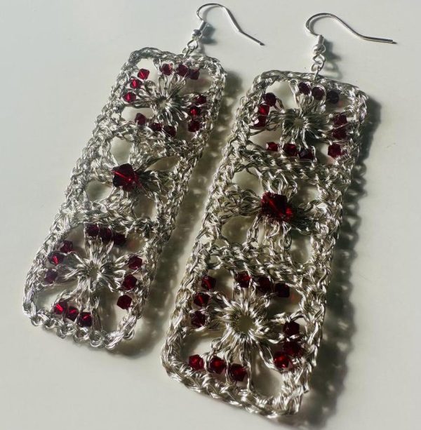 Crochet Sterling Silver Nostalgic Granny Square and Crystal Earrings by Elizabeth Stewart Designs - Image 2