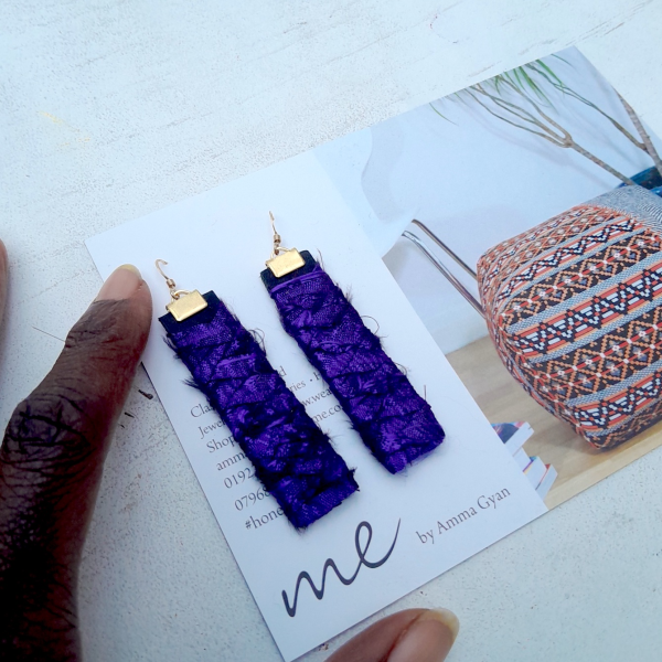 Indigo silk braided earrings on leather by Amma Gyan 2