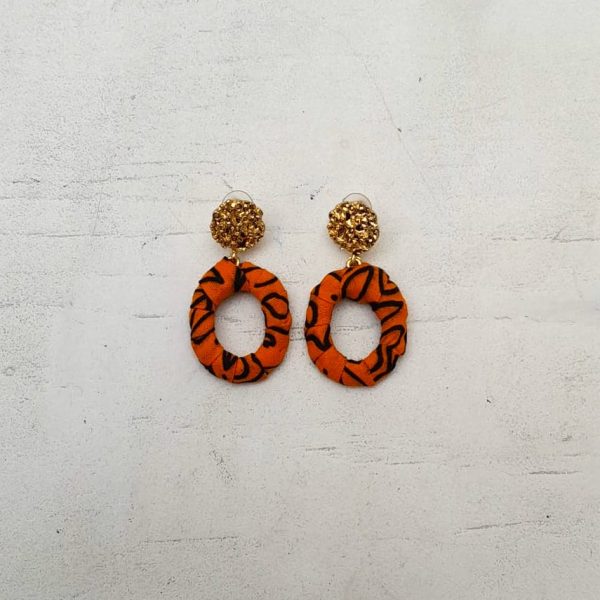 Orange and Black African fabric and brass earrings by Jumandy Fabrics at Amanartis at the Atria by Amma Gyan 1