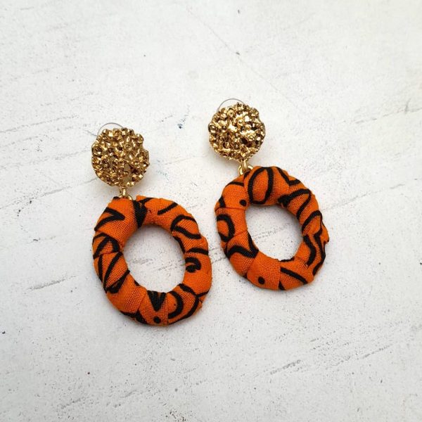 Orange and Black African Print Fabric earrings by Jumandy Fabrics - Image 2
