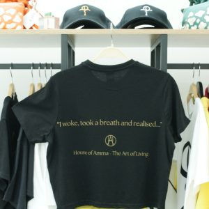 Screen Printed Large Gold Gratitude Symbol on cropped black T-Shirt XS