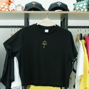 Screen Printed Small Gold Gratitude Symbol on cropped black T-Shirt – S